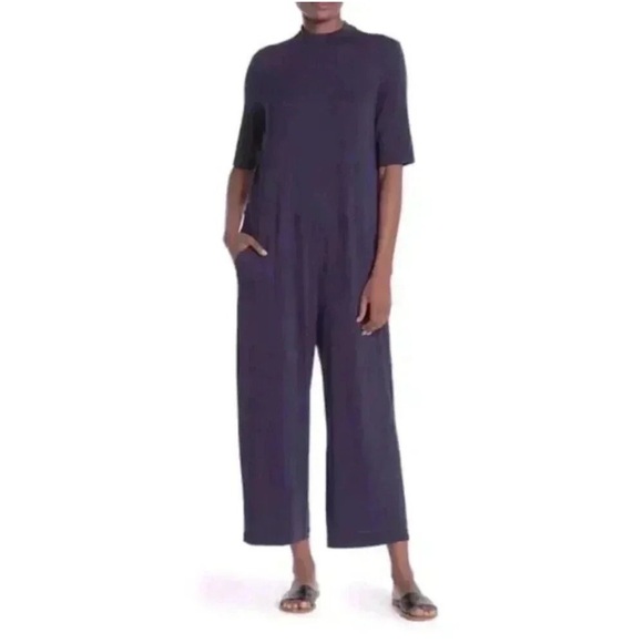 NWT Eileen Fisher Mock Neck Jersey Navy Jumpsuit - Picture 1 of 10